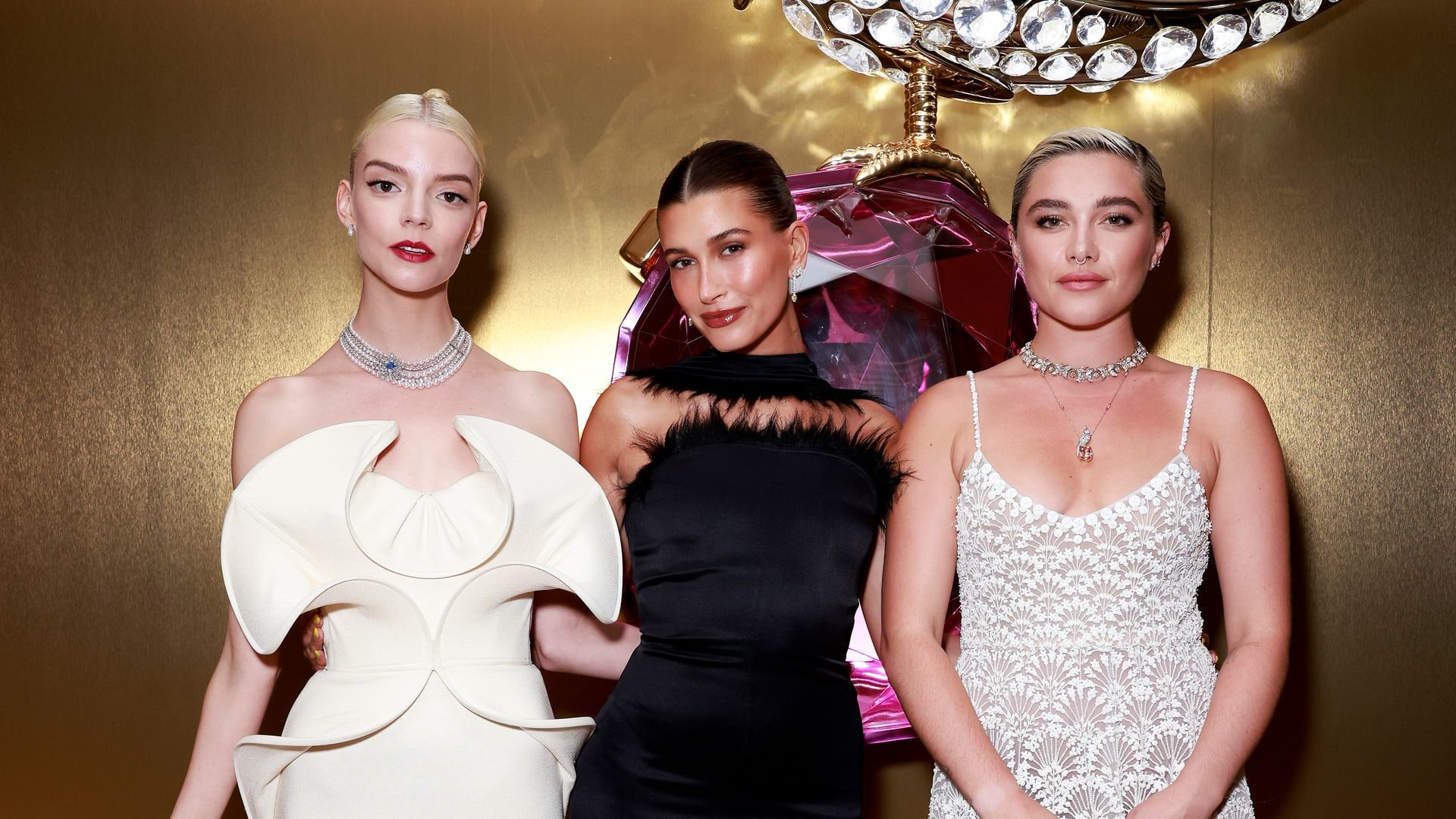 TOKYO, JAPAN - SEPTEMBER 12: (L-R) Anya Taylor-Joy, Hailey Bieber and Florence Pugh attend the opening event of Tiffany & Co.'s new store in Omotesando on September 12, 2023 in Tokyo, Japan. (Photo by Hanna Lassen/Getty Images for Tiffany & Co.)