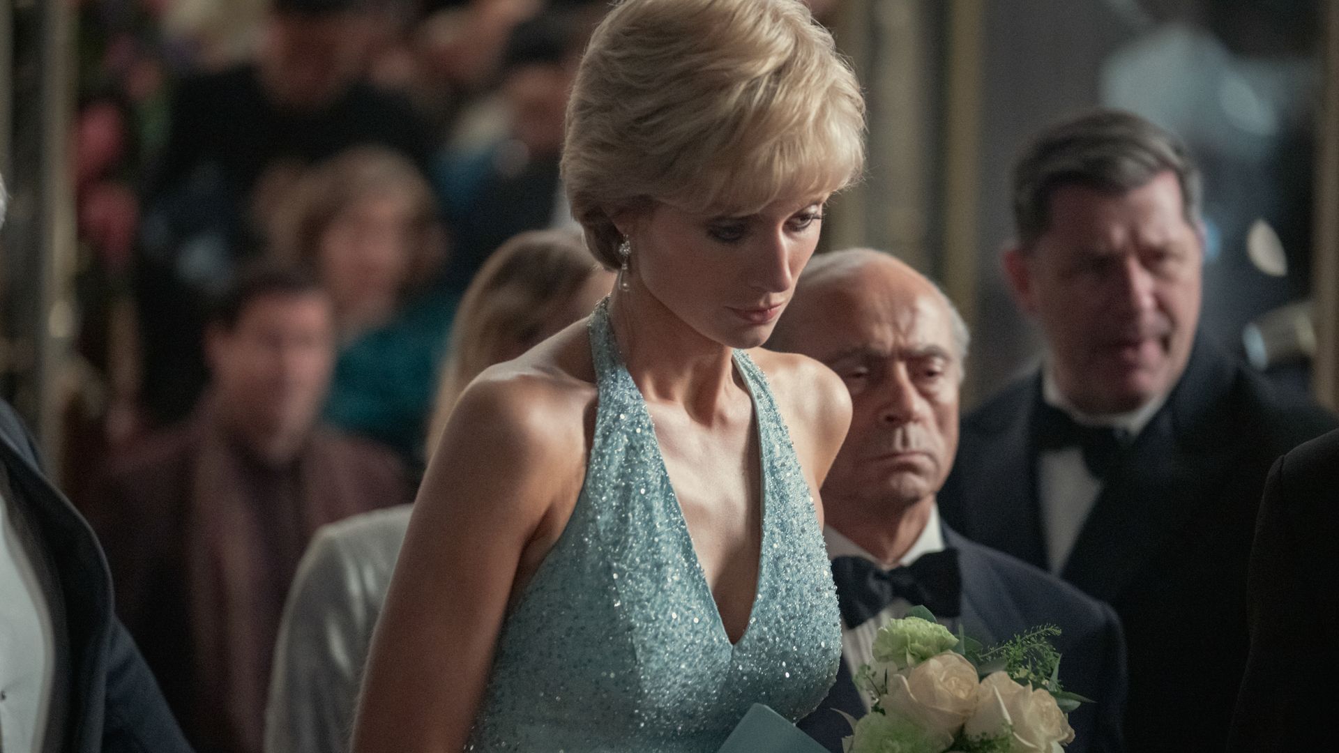 Elizabeth Debicki as Princess Diana in beaded blue dress