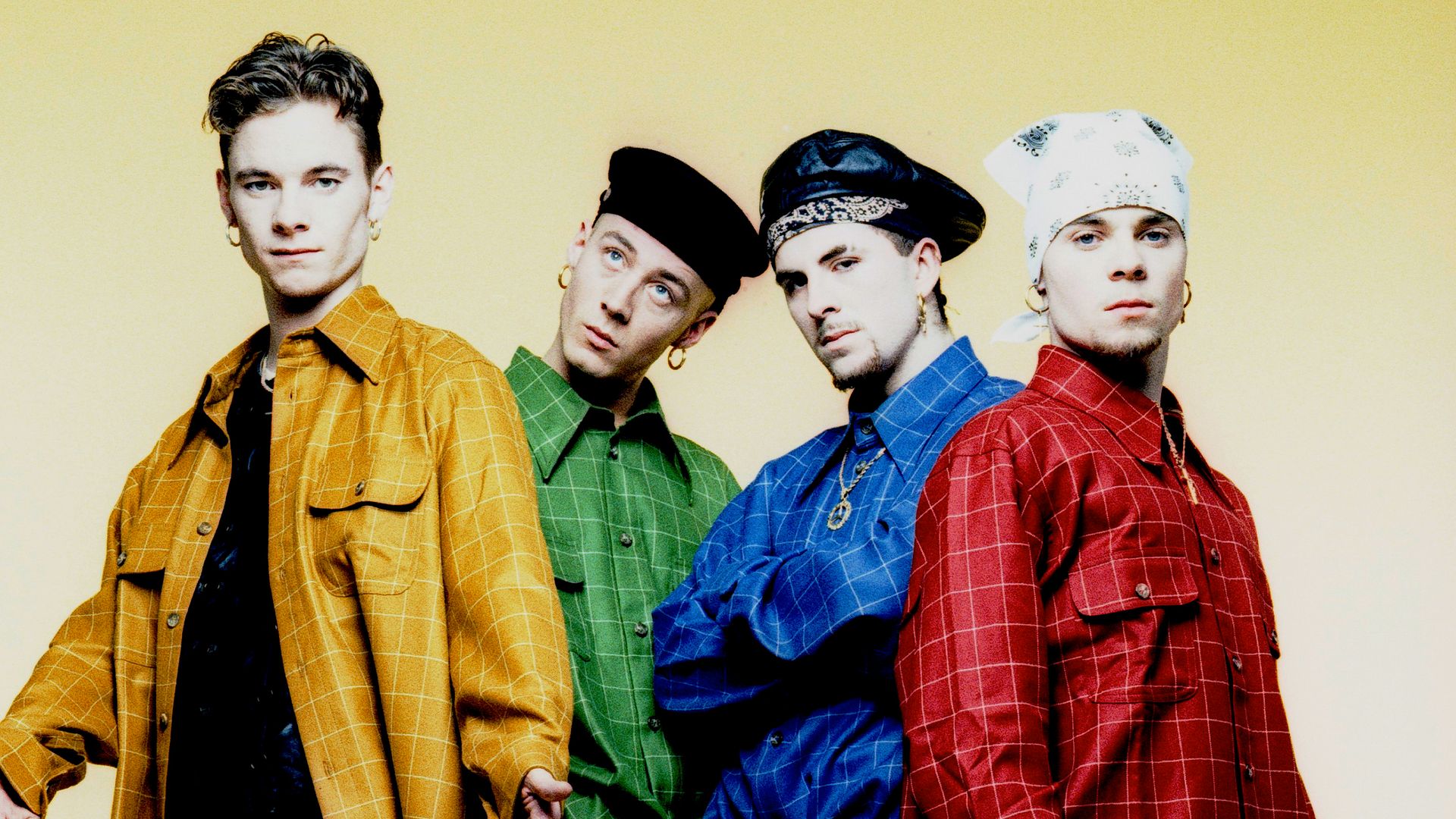 Tony Mortimer in yellow, John Hendy in green, Terry Coldwell in blue and Brian Harvey in red