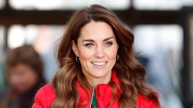 Kate Middleton wearing red puffer jacket at Christmas tree farm