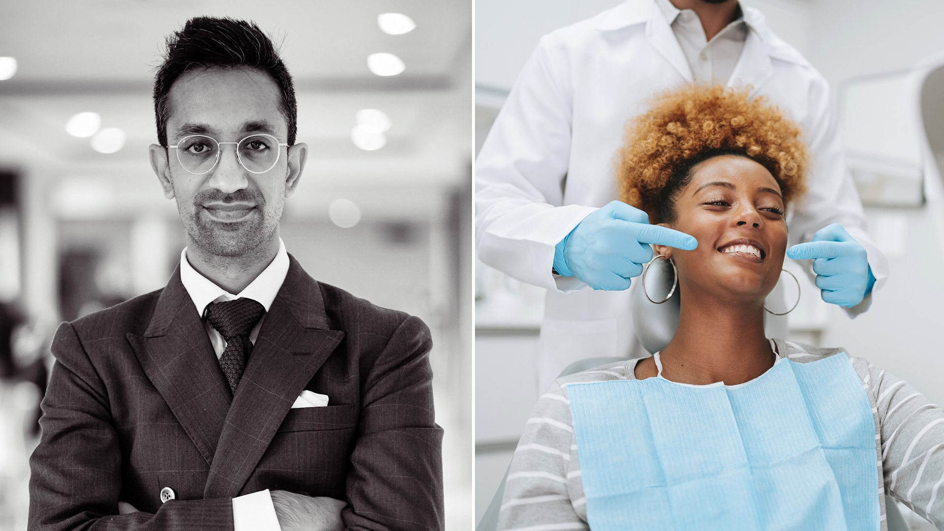 Split image showing Dr Sam Jethwa and patient in dentist chair
