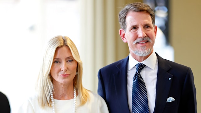 Crown Princess Marie-Chantal of Greece and Crown Prince Pavlos of Greece attend a reception at Buckingham Palace for overseas guests ahead of the Coronation of King Charles III and Queen Camilla on May 5, 2023 in London, England.