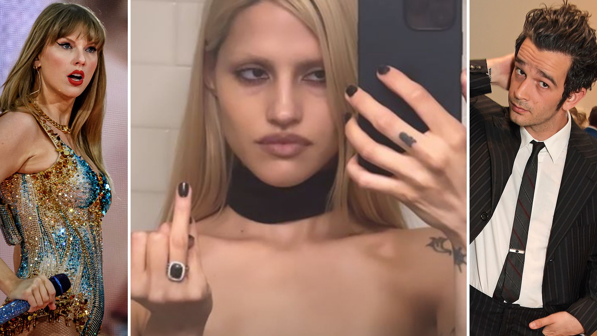 split screen of taylor swift, matty healy and Gabbriette