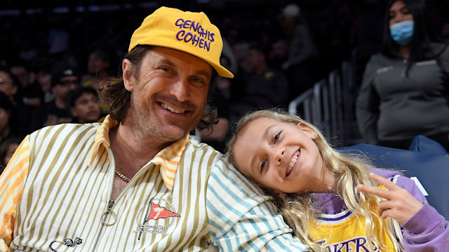 Oliver Hudson and his daughter Rio Hudson attend a basketball game between the Los Angeles Lakers and Toronto Raptors basketball game at Crypto.com Arena on March 10, 2023 in Los Angeles, California