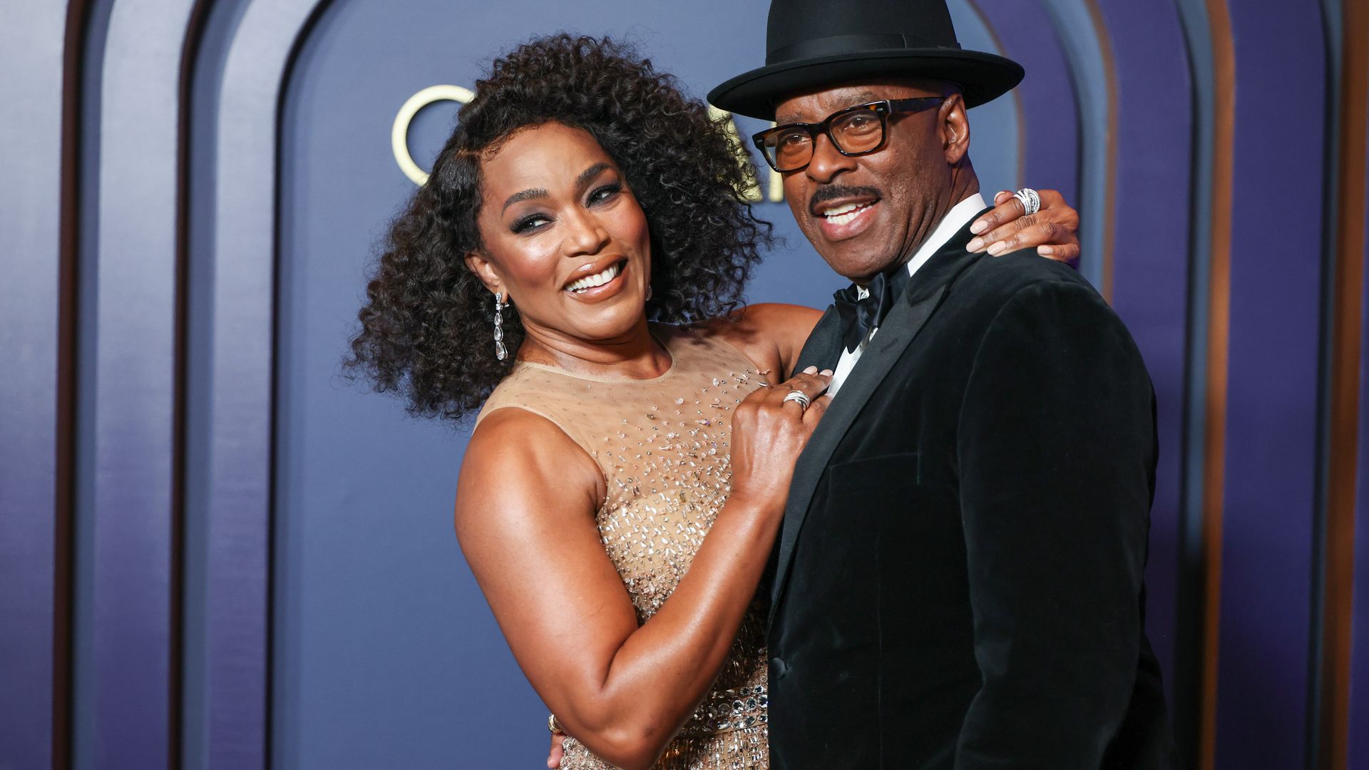 Angela Bassett and Courtney B. Vance at the 14th Governors Awards held at The Ray Dolby Ballroom at Ovation Hollywood on January 9, 2024 in Los Angeles, California. (Photo by Christopher Polk/WWD via Getty Images)