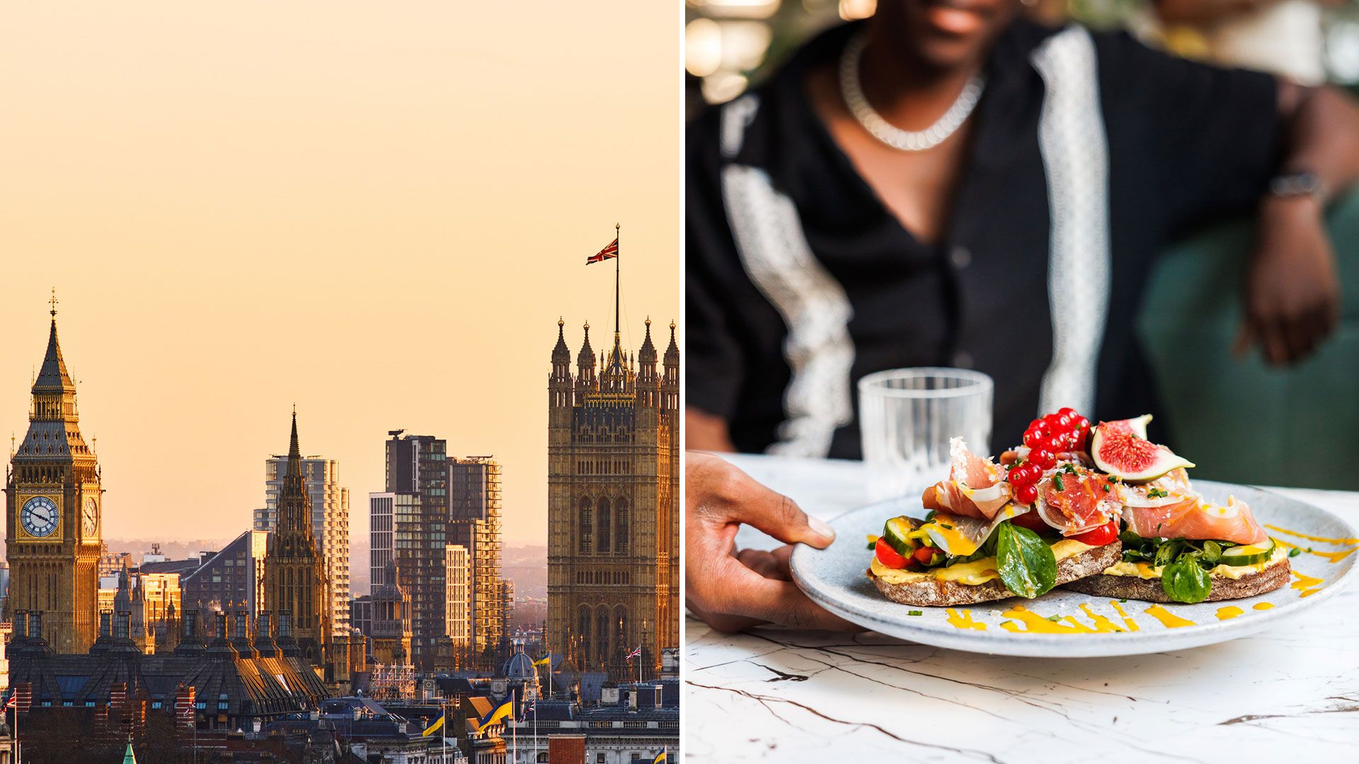 picture of london skyline beside picture of bruschetta on plate