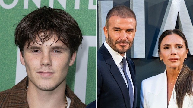 split image showing cruz beckham and image of david and victoria beckham 