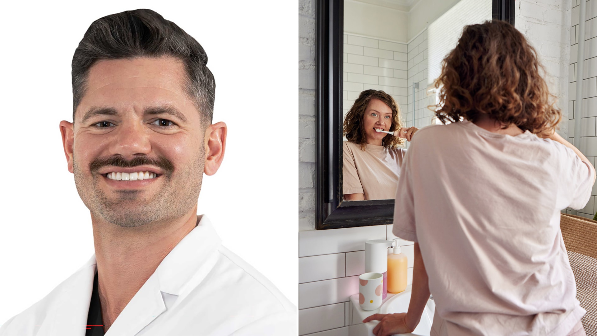 split image showing headshot of Dr Mueller (dentist) and stock image of woman brushing her teeth in the mirror
