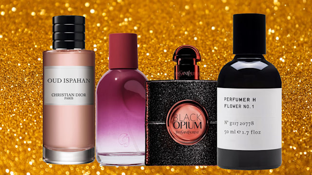 Four fragrances on a gold glitter background 