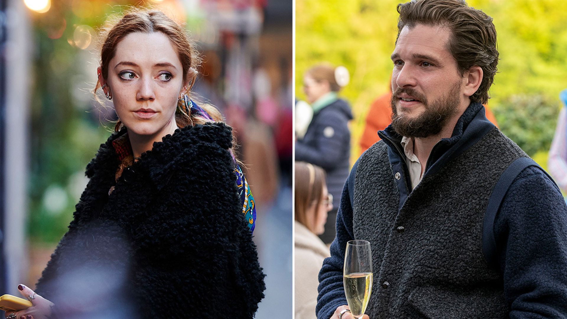 woman standing on city pavement, man holding glass of champagne