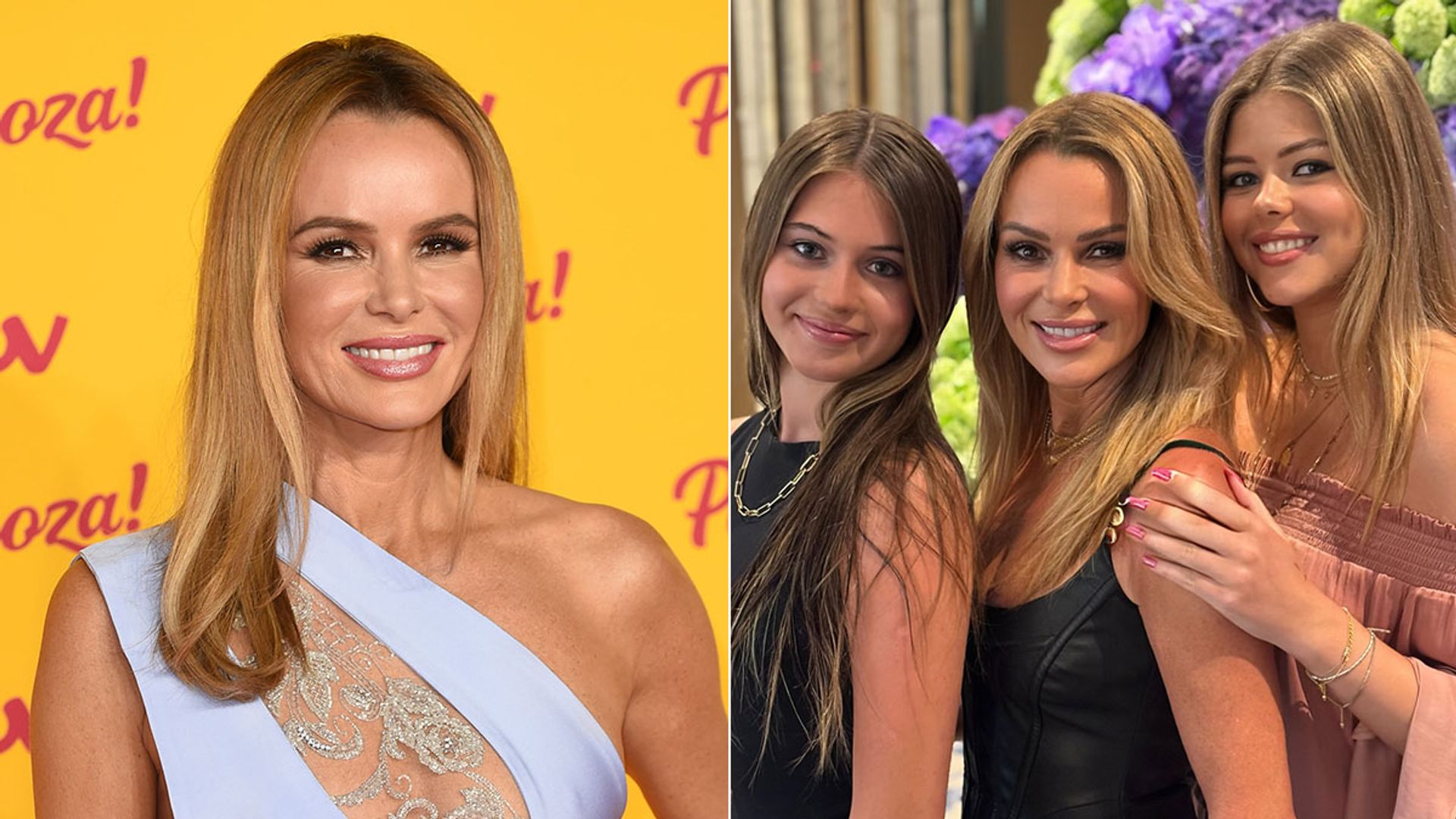 split image of amanda holden, and amanda with two daughters