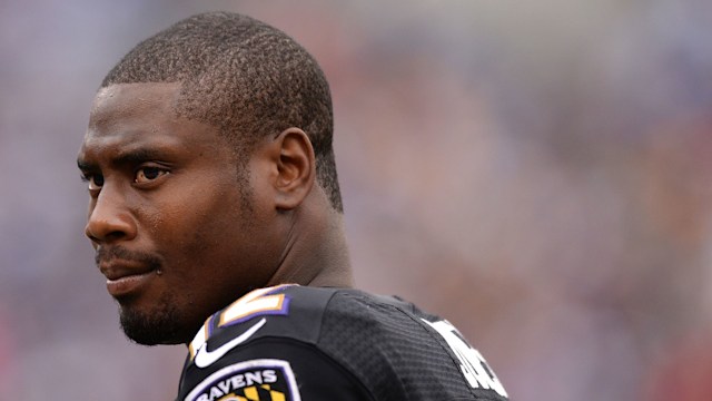 Wide receiver Jacoby Jones #12 of the Baltimore Ravens looks on during an NFL game against the Green Bay Packers at M&T Bank Stadium on October 13, 2013 in Baltimore, Maryland