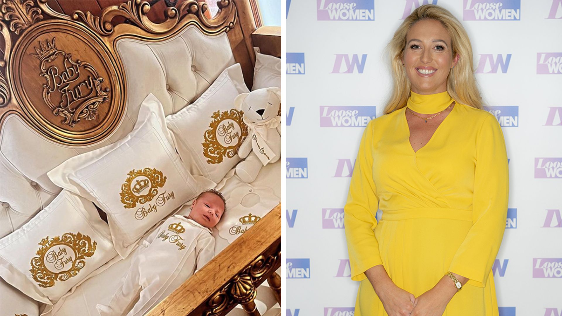 Split image of a baby sleeping in a crib and Paris Fury in yellow