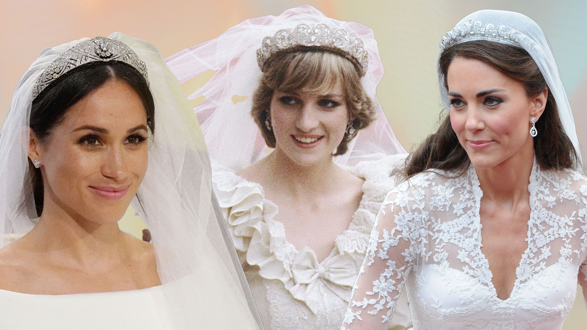 Meghan Markle, Princess Diana, and Princess Kate on their wedding days