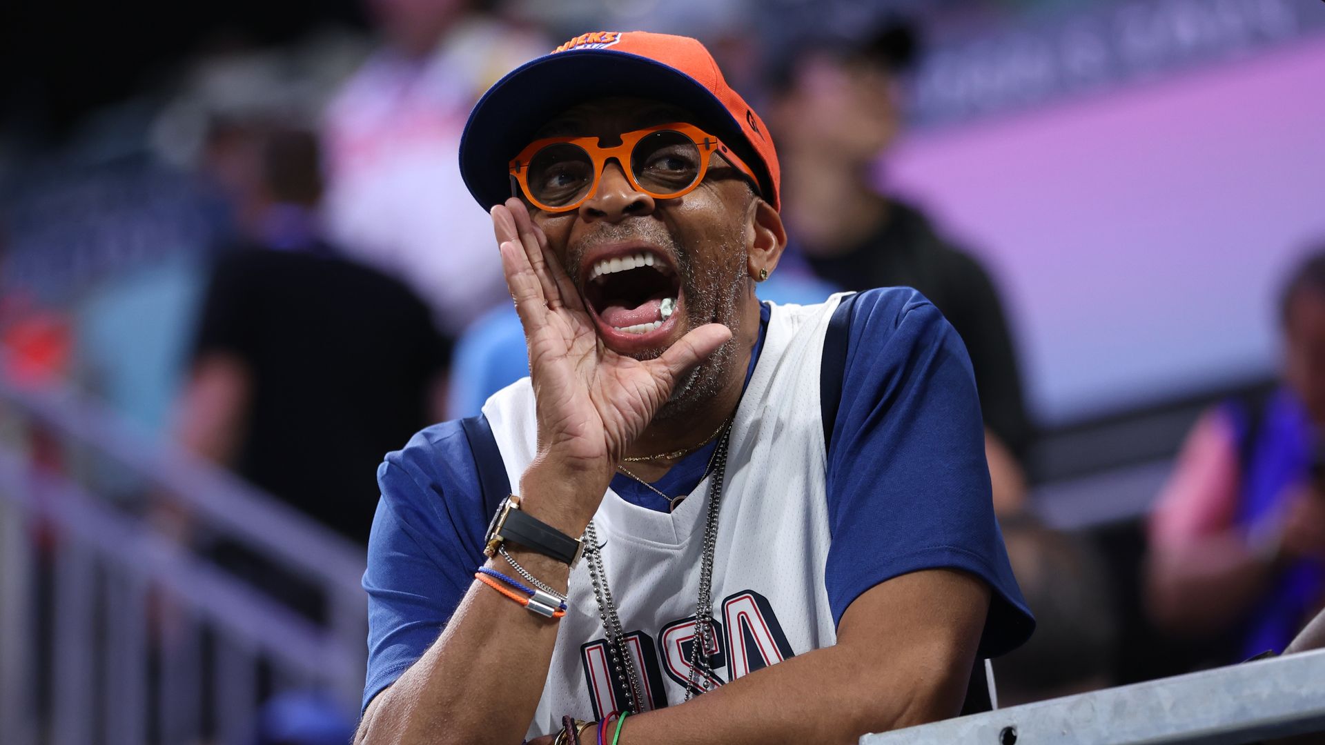 American Filmmaker Spike Lee reacts during the first half of the Men's Group Phase - Group C game between Serbia and the United States on day two of the Olympic Games Paris 2024 at Stade Pierre Mauroy on July 28, 2024 in Lille, France.