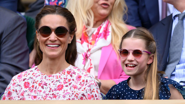 Pippa Middleton and Princess Charlotte of Wales court-side of Centre Court during the men's final on day fourteen of the Wimbledon Tennis Championships at the All England Lawn Tennis and Croquet Club on July 14, 2024 in London, England. (Photo by Karwai Tang/WireImage)