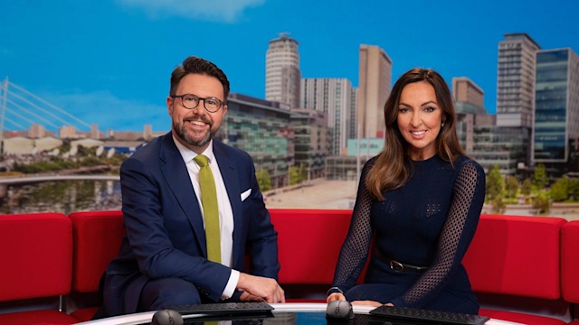 sally nugent jon kay sitting red sofa bbc breakfast