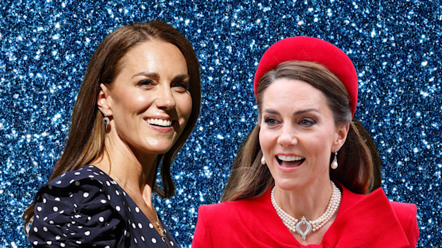 composite image showing princess kate in two outfits 