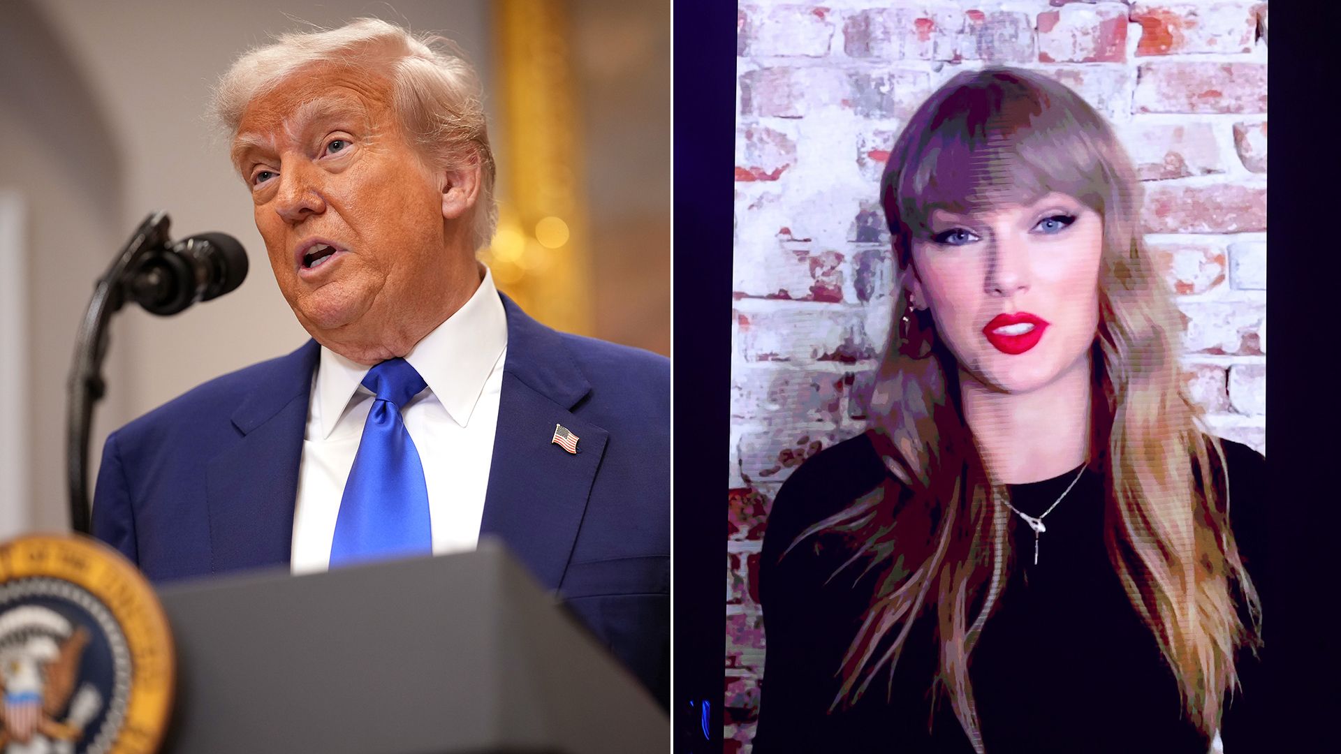 split image of donald trump and taylor swift