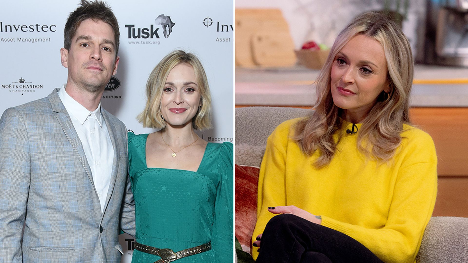 Split image of Fearne Cotton standing with Jesse Wood and of Fearne Cotton in a yellow outfit sitting on a sofa