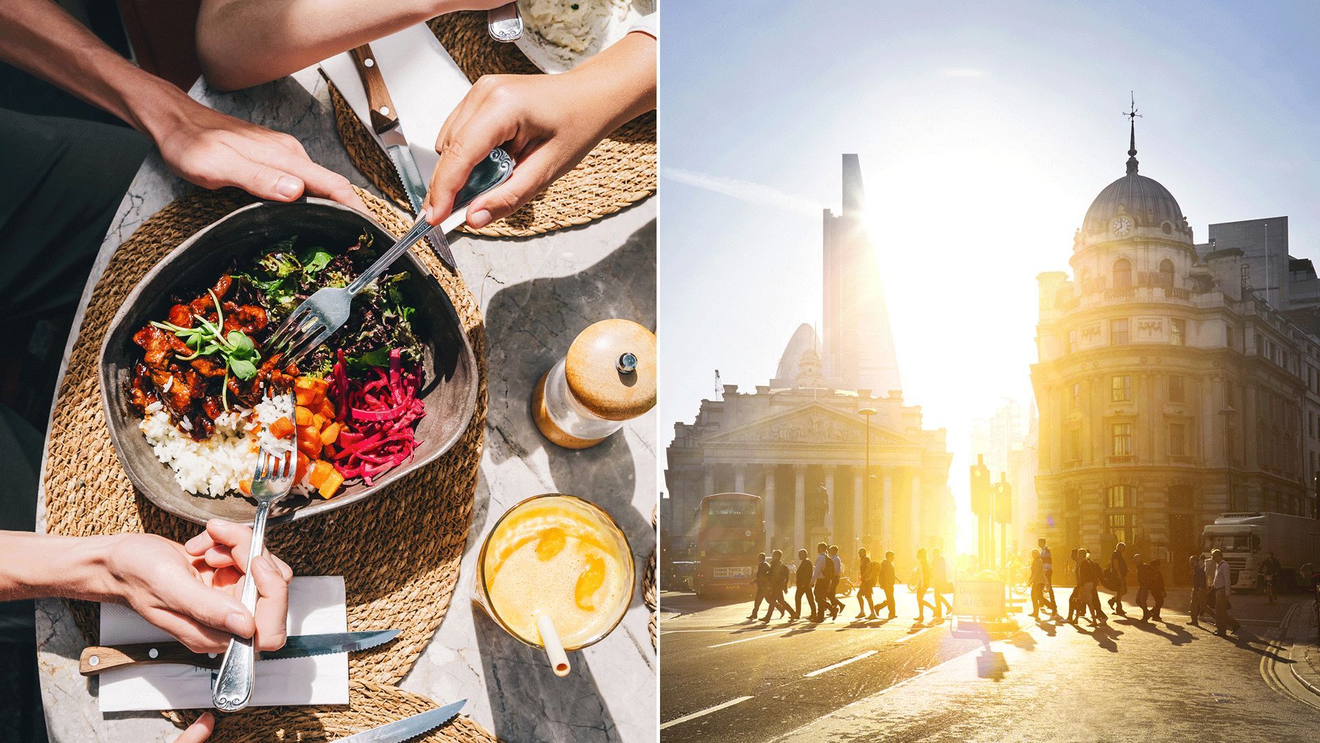 food on plat flat lay beside photo of london city buildings in sun