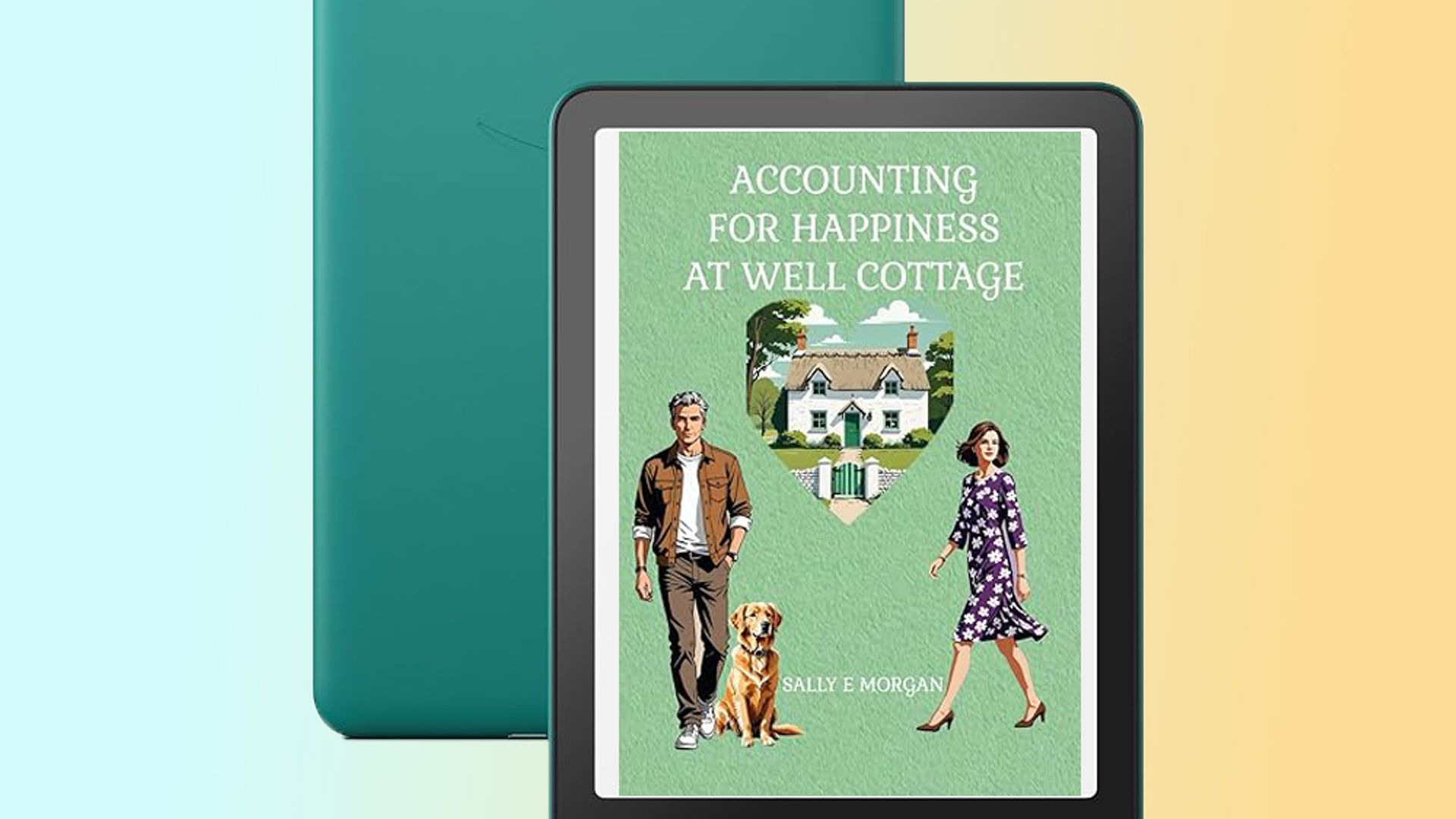 Composite image of a Kindle with a book cover on the front 