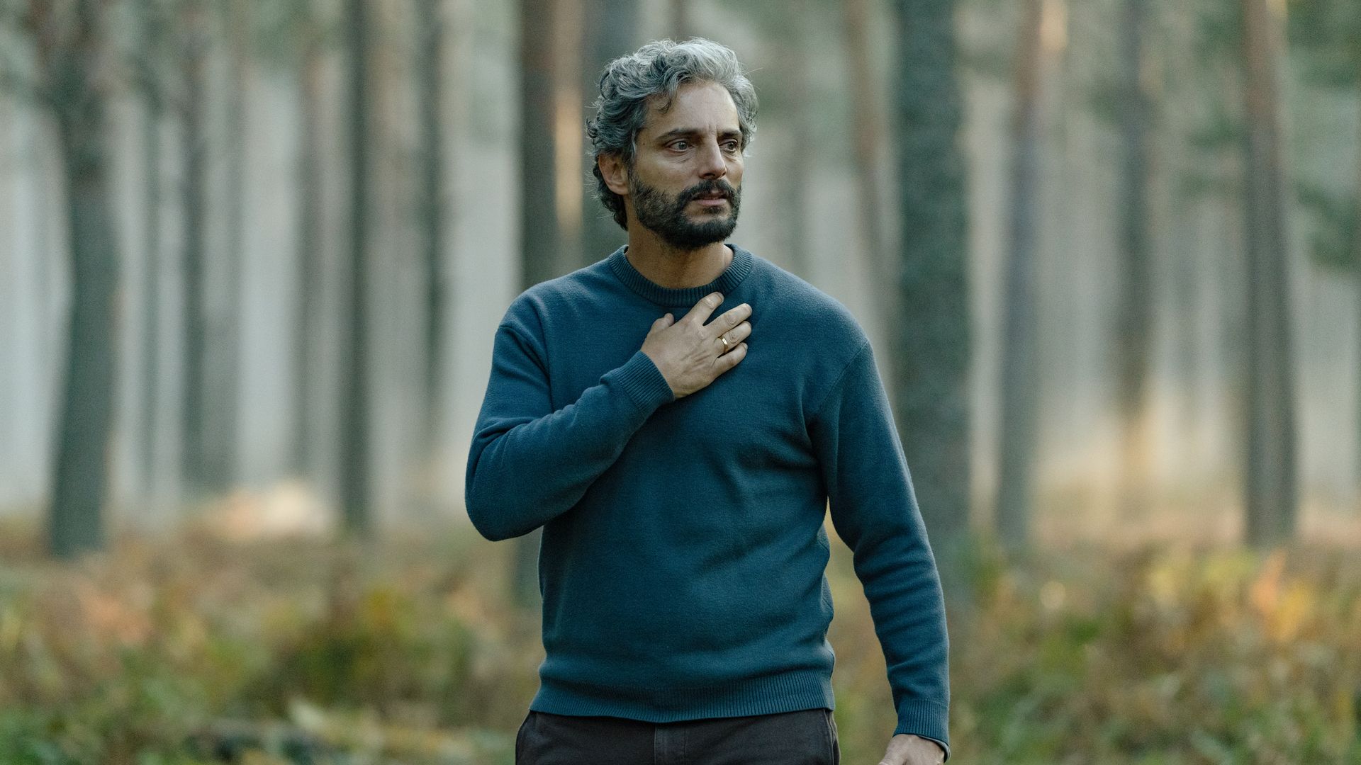 man standing in woodland