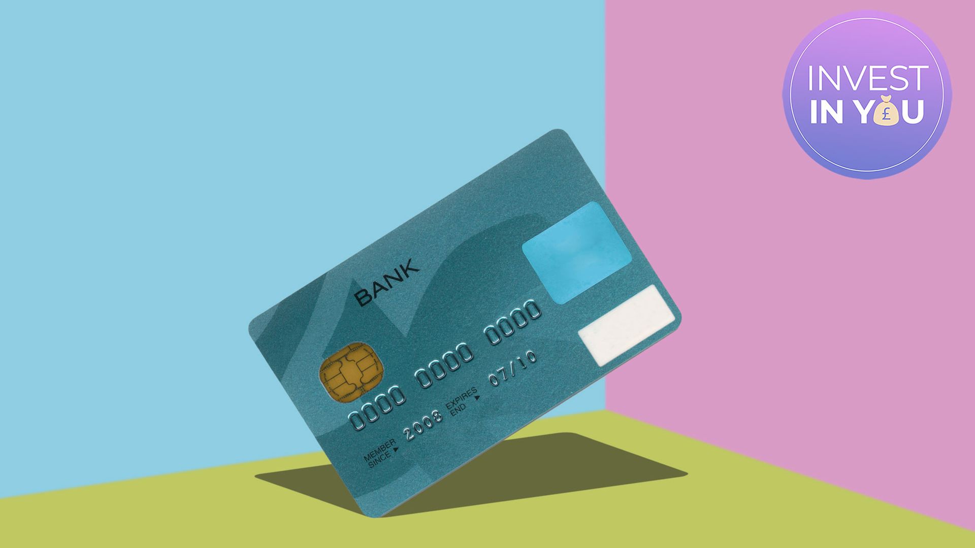 Credit card on multicoloured background with Invest In You logo