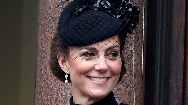 Catherine, Princess of Wales stands from the balcony during the National Service of Remembrance at The Cenotaph on November 10, 2024 in London, England. Each year members of the British Royal Family join politicians, veterans and members of the public to remember those who have died in combat. 