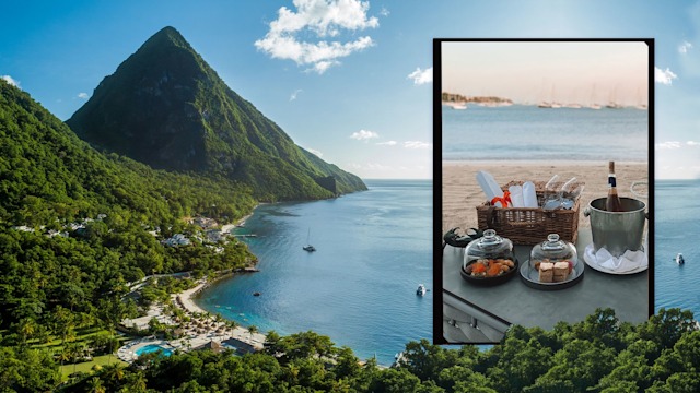 Caribbean beach with piton and picnic setup