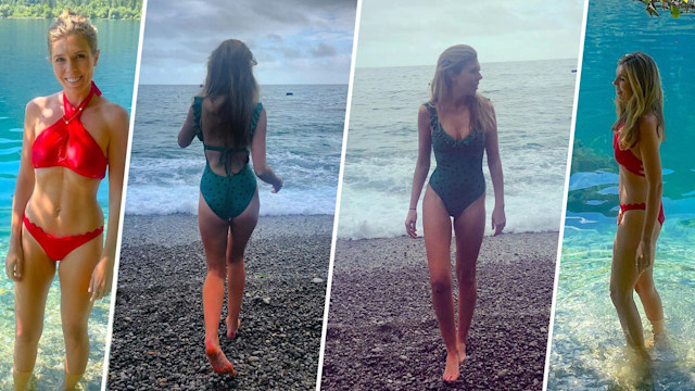 Carrie Johnson split screen in swimsuits