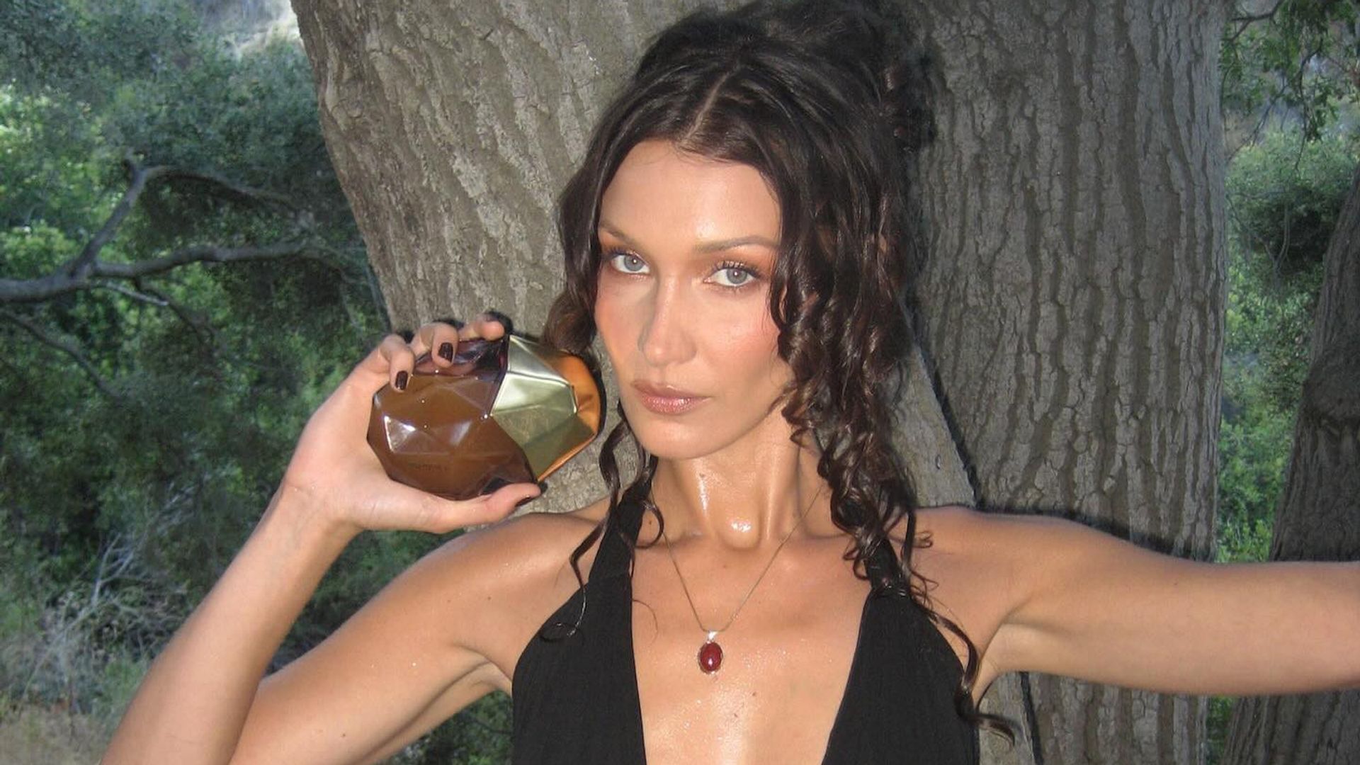 Bella Hadid poses in a black dress