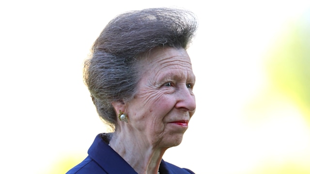 Princess Anne smiling in a navy blazer