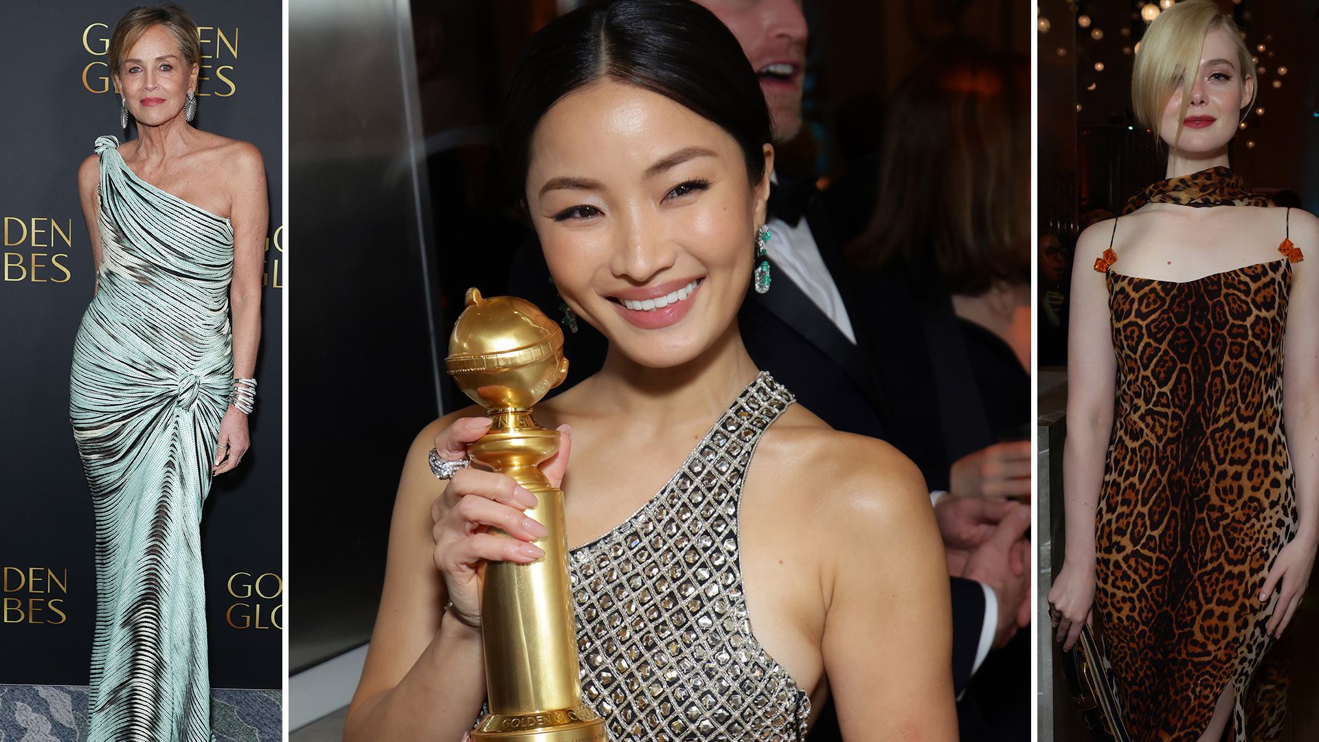 Split screen photo of Sharon Stone, Anna Sawai and Elle Fanning 