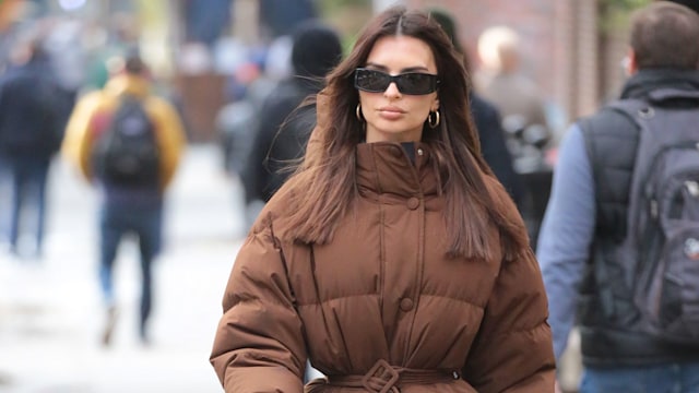 emily ratajkowski in a brown puffer