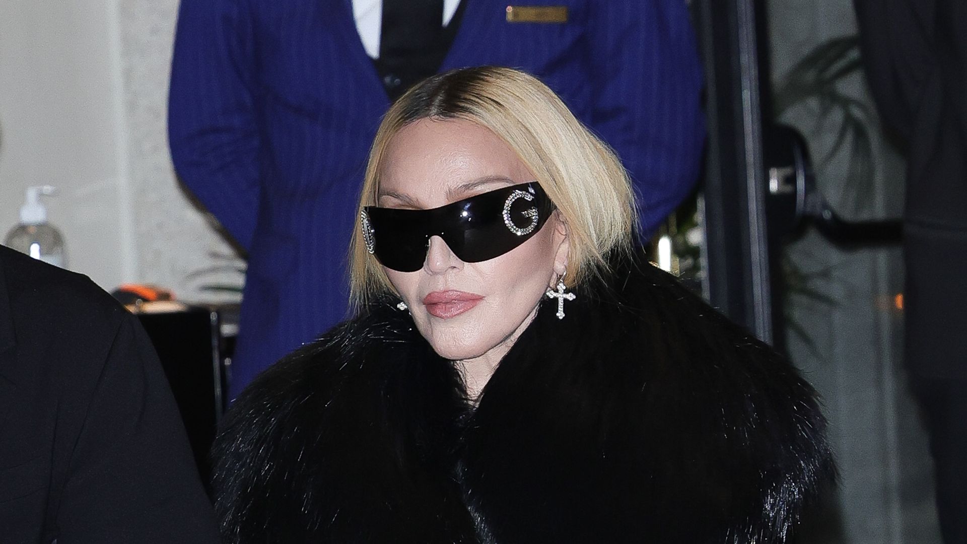 Madonna is seen leaving Hotel Palazzo Parigi on November 26, 2023 in Milan, Italy. 