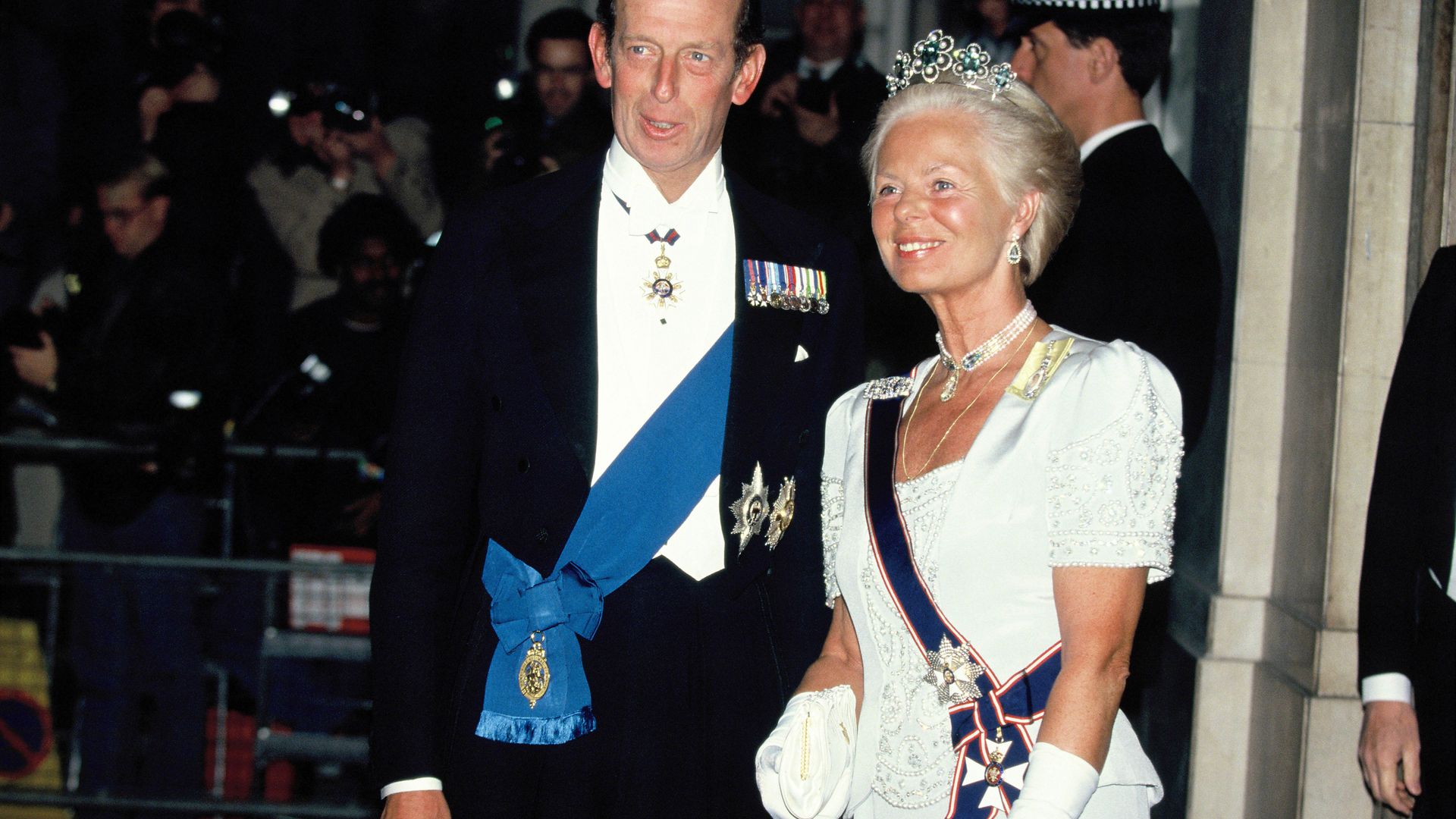 LONDON, UNITED KINGDOM - APRIL 25:  Prince Edward, Duke of Kent, and Katharine, Duchess of Kent, attend the State Banquet given by Former Polish President Lech Walesa in honor of the Queen on April 25, 1991 in London, England.  (Photo by Georges De Keerle/Getty Images)