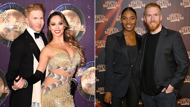 Split image of Neil Jones with Katya Jones and with Chyna Mills