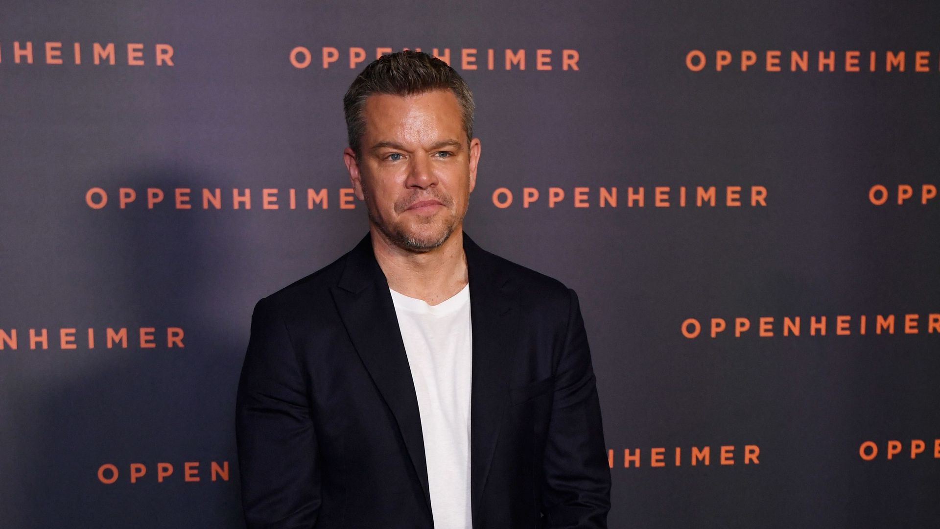 Matt Damon poses upon his arrival for the "Premiere" of the movie "Oppenheimer" at the Grand Rex cinema in Paris on July 11, 2023G