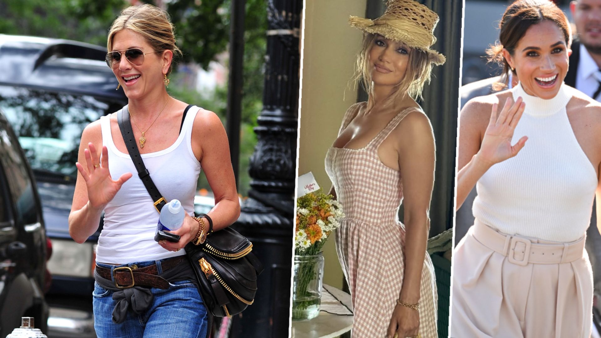 Jennifer Aniston, Jennifer Lopez and Meghan Markle wearing summer clothes