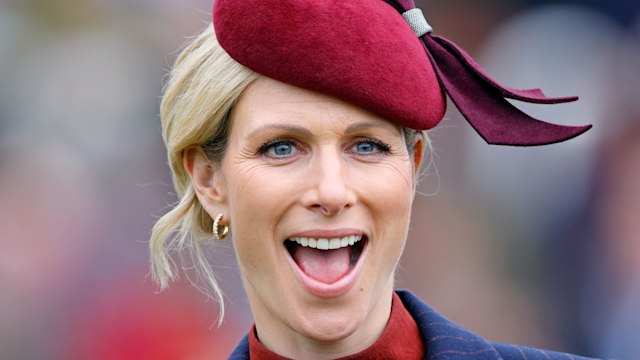 zara tindall gasping in blue pinstripe jacket