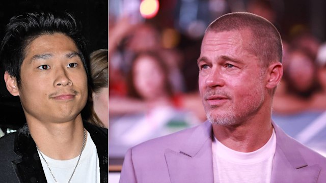 Brad Pitt and son Pax in a split photo looking stern