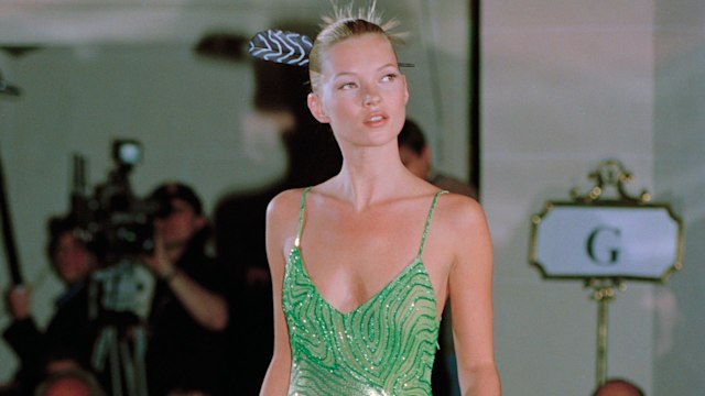 Katw Moss on the catwalk at the Gianni Versace Haute Couture Summer 1996 launch at the Hotel Ritz in Paris