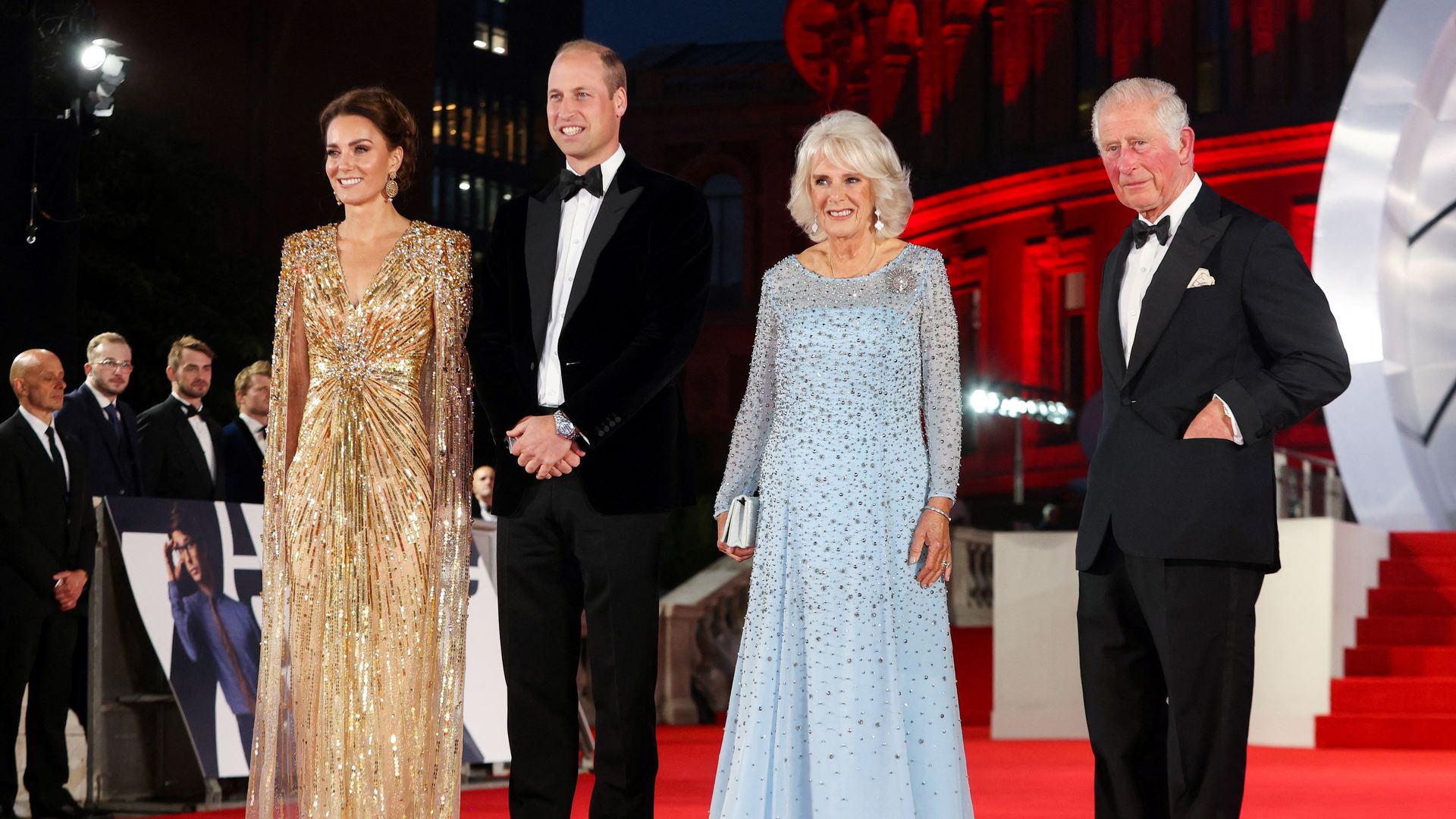 Charles, Camilla, William and Kate on red carpet at James Bond premiere
