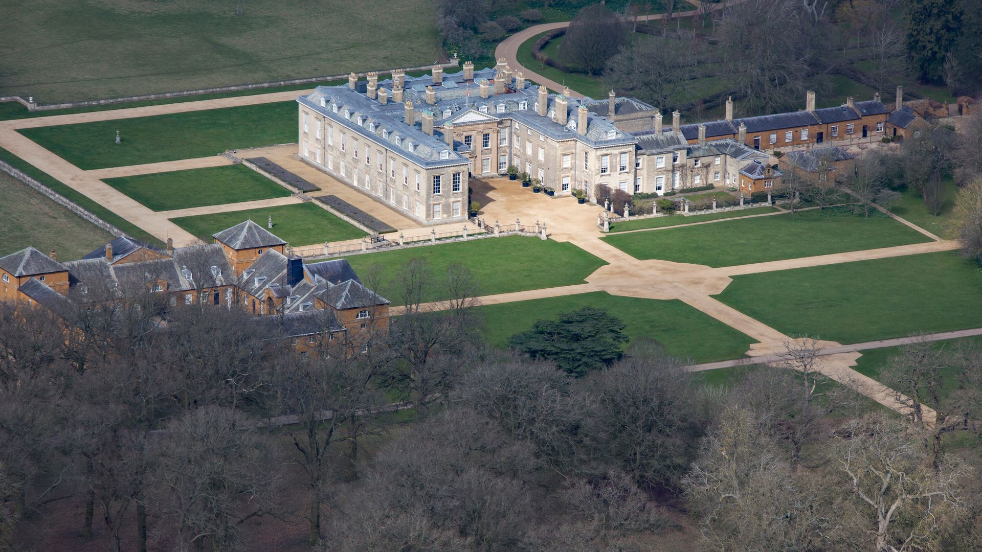 Aerial view of Althorp, this grade 1 listed stately home was the home of Lady Diana Spencer who later became the Princess of Wales, it is located on the Harlestone Road between the villages of Great Brington and Harlestone, 5 miles north west of Northampton. 