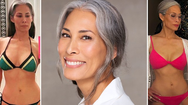 split screen photo of grey haired woman in bikinis