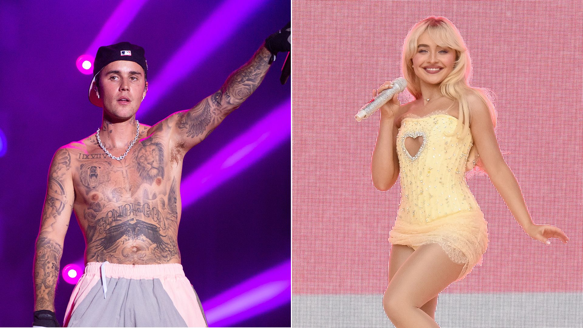 split photo of justin bieber and sabrina carpenter