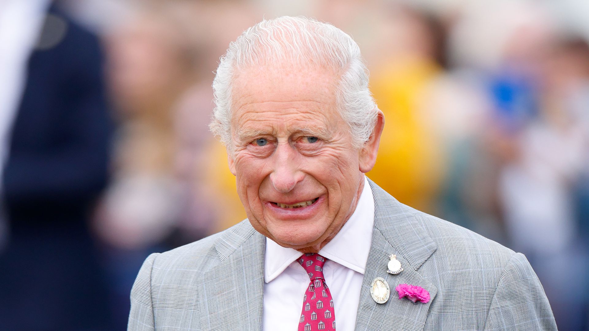 King Charles smiling in grey suit