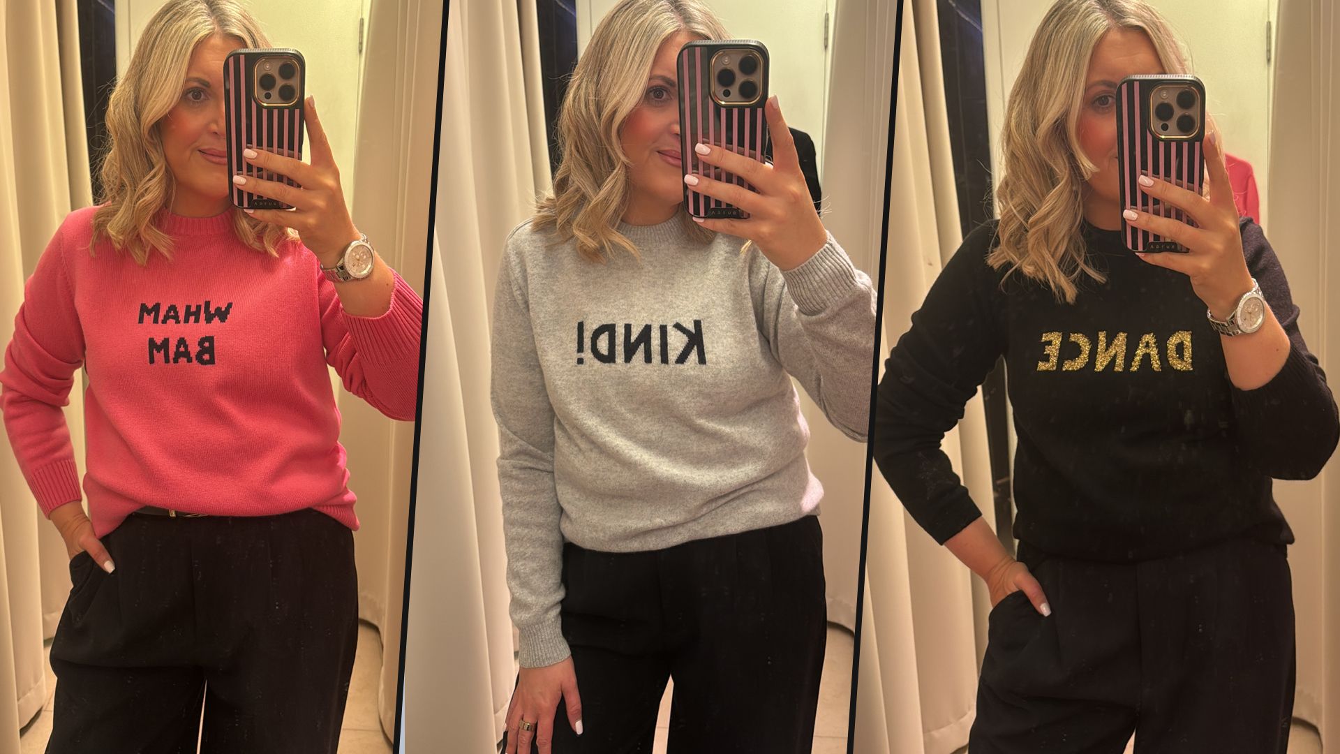 Leanne Bayley wearing the M&S x Bella Freud jumpers