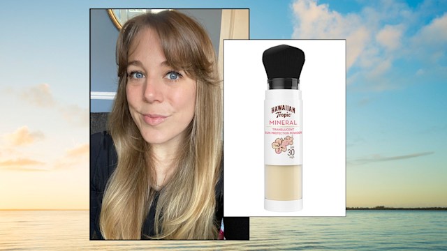 collage photo of selfie and powder spf on a beach background